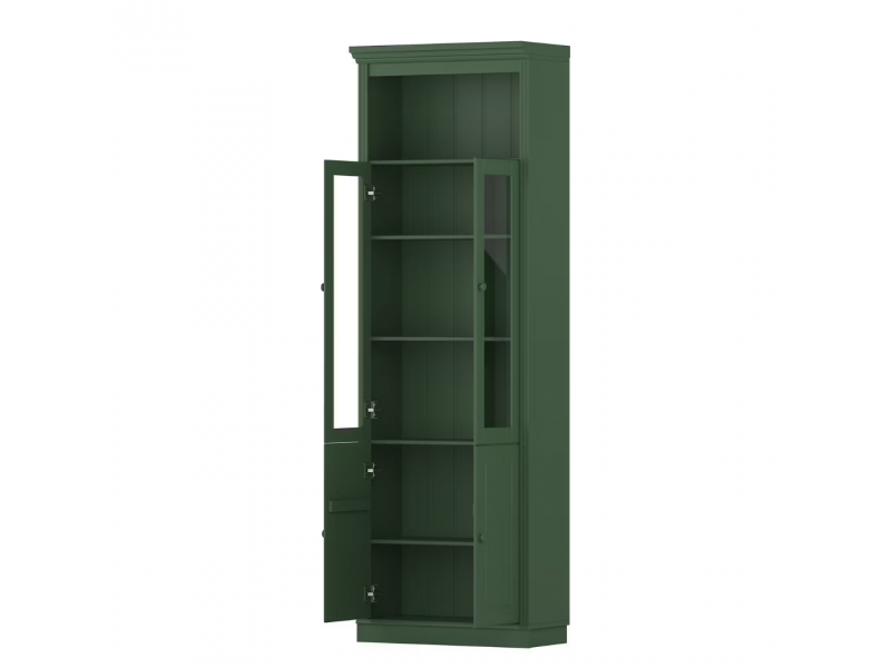 Estante alta com 2,20m para biblioteca com porta de vidro e porta de madeira na cor verde| coleção biblioteca